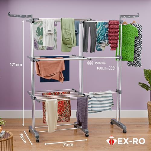 Image of TEX-RO Expandable Clothes Drying Stand for Home|Cloth Dryer Stand with Wheel|Cloth Stand for Drying Clothes Foldable|Stainless Steel Clothes Hanging Stand|Cloth Rack for Balcony(3 Layer, Grey)