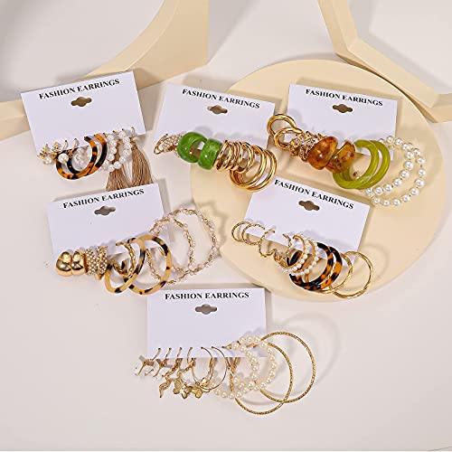 30 Pairs Gold Earrings Set For Women Girls, Pearl Chain Link Stud Drop Dangle Earrings Multipack Statement Earring Packs, Hypoallergenic Earrings For Birthday Party Christmas Jewelry Gift (2-Golg-30 Pairs) #TOP4