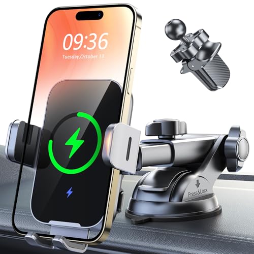 ISEYOU Biltelefonhållare med Laddningsfunktion, 15W Qi Trådlös Laddare för Bil, Automatisk Klämning, 360° Rotation & Intelligent Induktiv Laddstation (QC3.0 Bil Laddare Inkluderad)