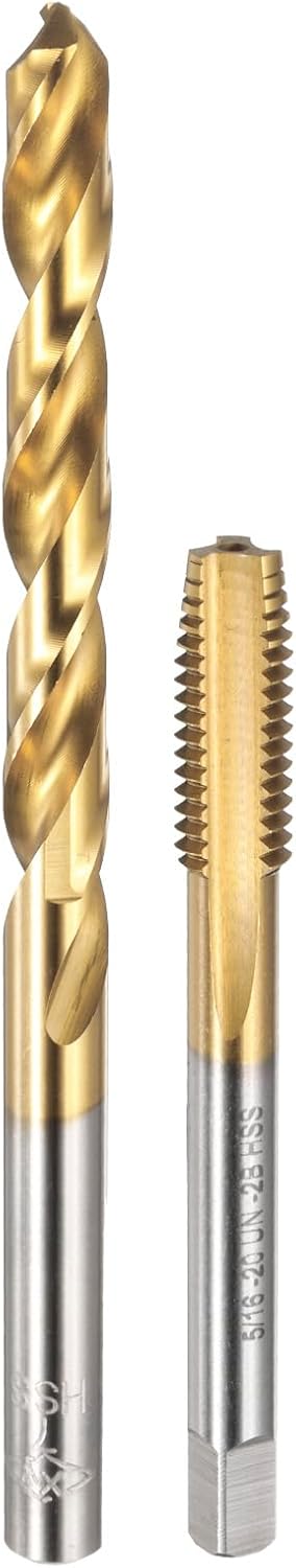 uxcell Tap and Drill Bit Set, 1pcs 5/16-20 UN Straight Flute Thread Screw Tap & 1pcs 7mm Twist Drill Bit, Titanium Coated HSS-6542 Tapping Threading Tool Kit
