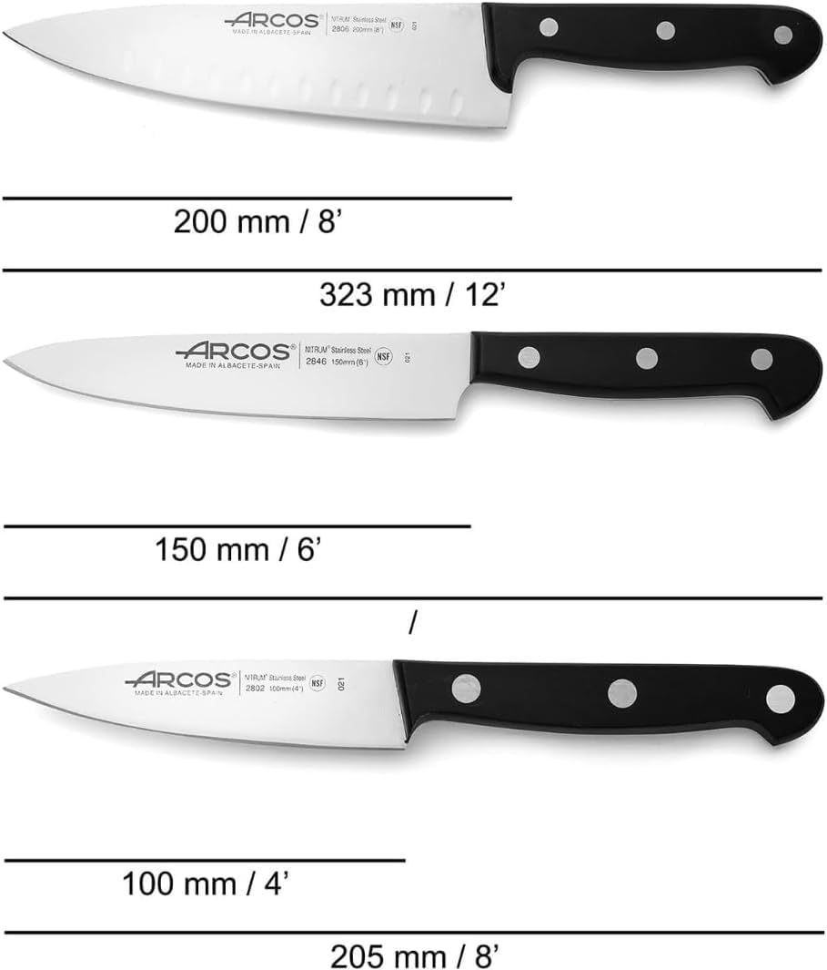 ARCOS Zestaw noży 3 sztuki. stal nierdzewna Nitrum i ostrze mm. Kuchenny do gotowania. 590 g. Ergonomiczna rękojeść z POM. Seria Universal. Większa kontrola. Kolor czarny.