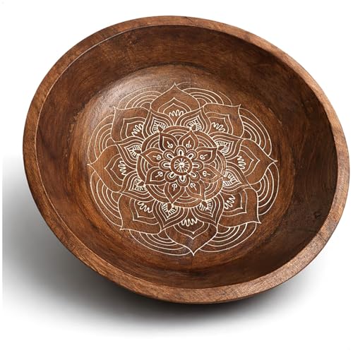 com-four® coupe déco en bois de manguier foncé – corbeille à fruits en bois naturel avec motif – accessoire pour aliments et rangement (Bol rond -...