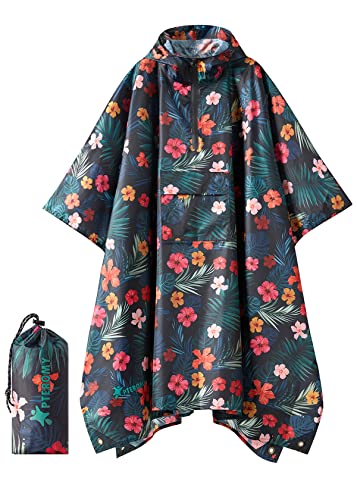 Image of PTEROMY Hooded Rain Poncho for Adult, Waterproof Lightweight Unisex Raincoat for Hiking Camping Emergency