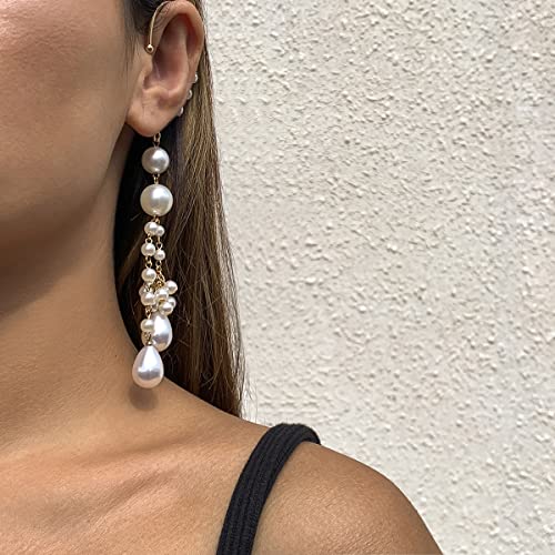 Minzaos Bethynas Baroque Pearl Dangle Ear Cuff Non- Piercing Vintage Long Pearl Drop Ear Clip Retro Pearl Ear Cartilage Wrap Statement Ear Cuff For Bride Wedding Ear Accessory For Girls Women #TOP5