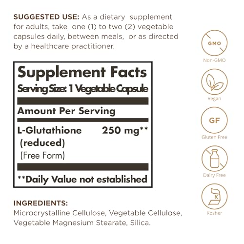 Solgar Reduced L-Glutathione 250 mg - 30 Vegetable Capsules - Antioxidant Support - Non-GMO, Vegan, Gluten Free, Dairy Free, Kosher - 30 Servings - image 2