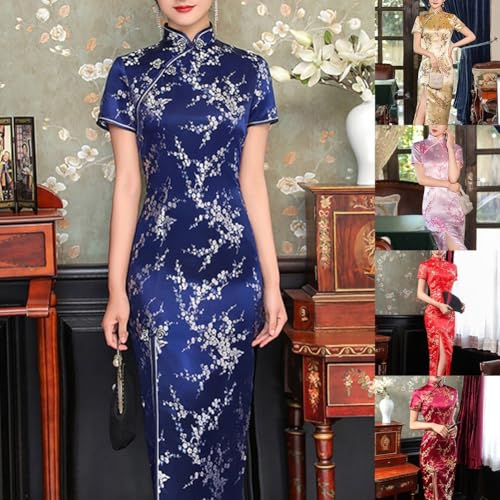 Caswynlife Robe Qipao chinoise vintage pour femme - Élégante - Longue robe Cheongsam avec imprimé fleur de prunier - Pour fête, mariage, quotidien, printemps et été - Taille XXL - Rouge – vue 4