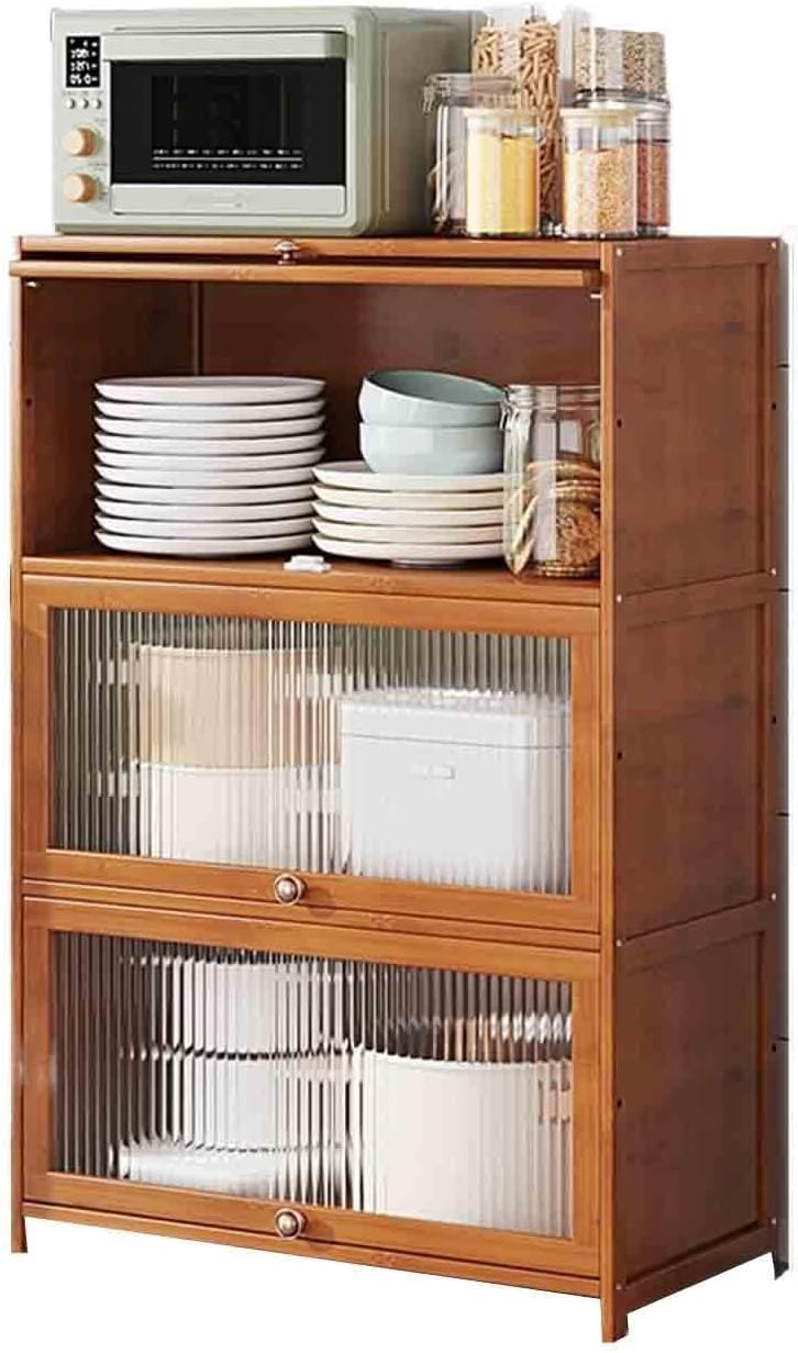 Buffet Cabinet Three-Tiered Glass-Door Kitchen Sideboard with Storage Compartments for Coffee Tea and Other Beverages Kitchen Cabinet