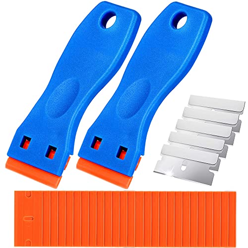 GUUZI Grattoirs à Lame de Rasoir en Plastique Bleu à Double Tranchant avec Poignée Profilée pour Gratter les Etiquettes d'outils en Vinyle pour Verre (25pcs Lames en...