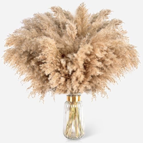 22pcs Pampas Grass Decor-Natural Dried Fluffy Brown Pompas Grass Short Fluffy Pampas Grass Bulk for Small Boho vases Wedding Flower Boho Home Decor Living Room Table Decor(17inch)