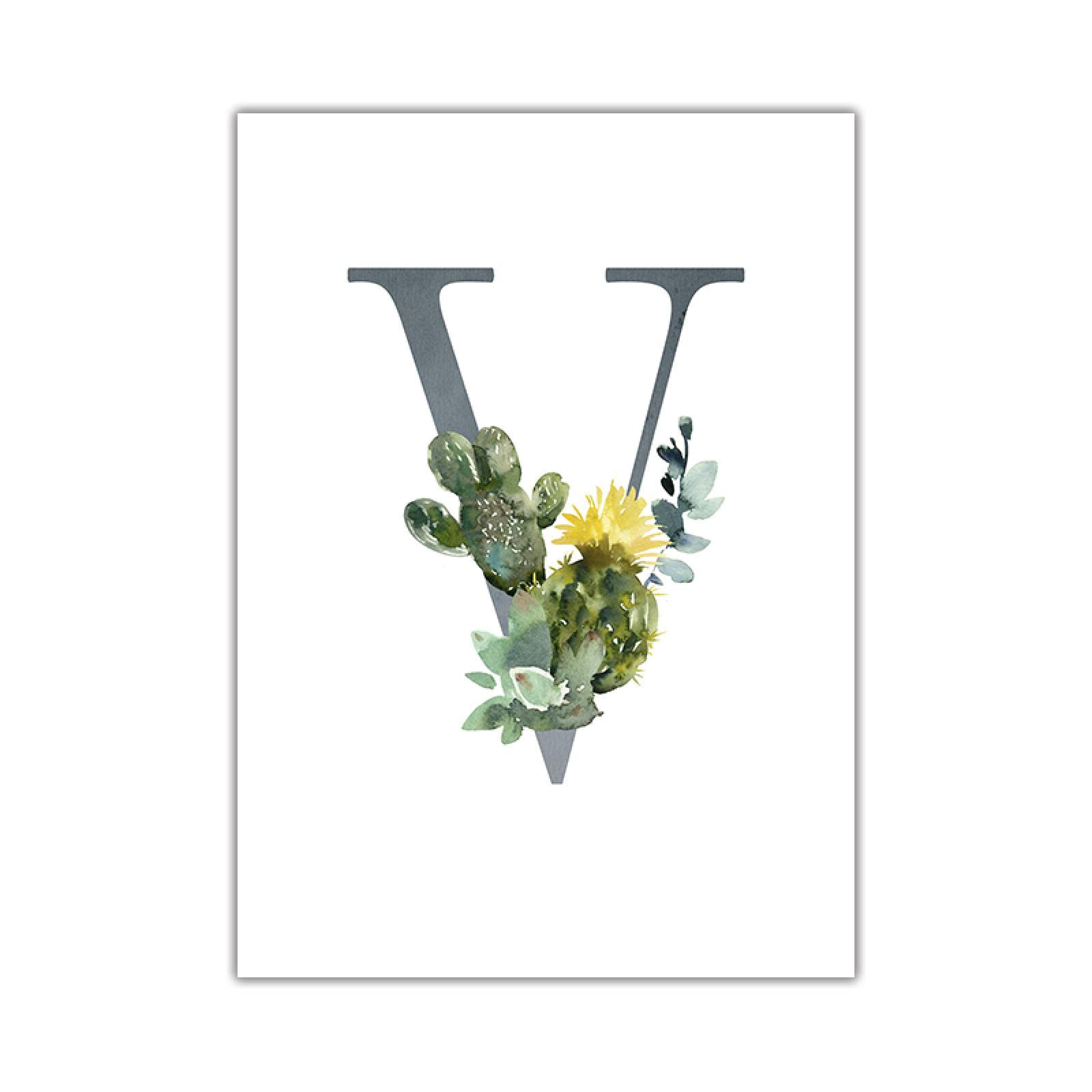 dsdsgog Letra V Nombre personalizado Pósteres Arte floral Impresión en lienzo Bebé Guardería Cuadro de pared Pintura en lienzo para niños Niña Dormitorio Decoración 70x100cm Sin marco