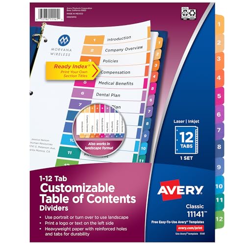 Avery Dividers for 3 Ring Binders, 12 Tabs per Set, Customizable Table of Contents, Multicolor Tabs, Great for Organizing Reports, Projects, and More (11141)