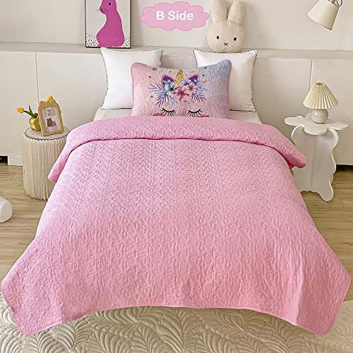 2-Piece Pink Unicorn Quilt Set For Girls Twin Size Kids Comforter Bedding Set Stars Flowers Reversible Quilted Bedspread Coverlet Lightweight Bed Sheet Set Cover Throw Blanket With Pillow Sham #TOP3