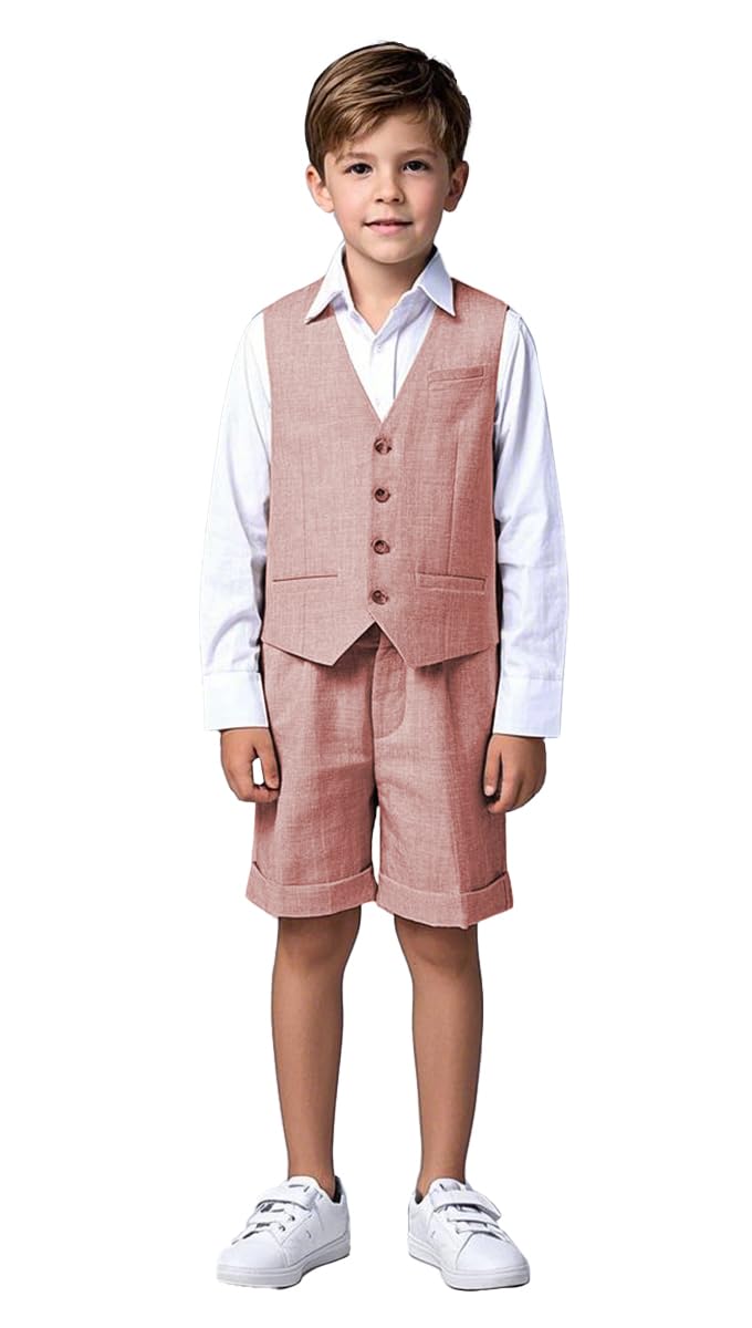 Traje de lino de 2 piezas para niños, chaleco y pantalones cortos, verano, playa, boda, esmoquin, traje formal para portador de anillos, rosa, 14 años
