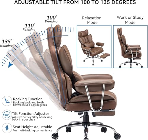 Image of Efomao Desk Office Chair Big High Back Chair PU Leather Computer Chair Managerial Executive Swivel Chair with Lumbar Support (Brown)