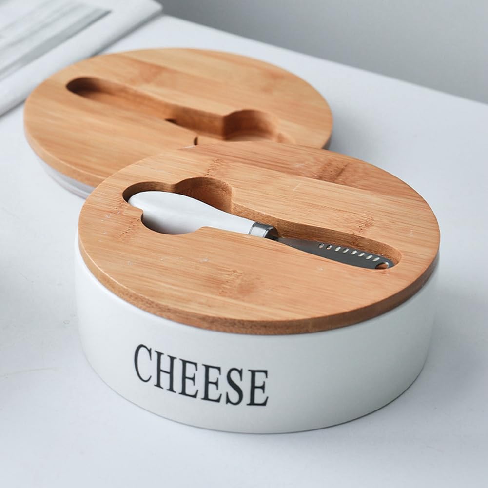 Caja de almacenamiento de queso de cerámica con tapa y cuchillos, perfecta para los amantes del queso, elegante decoración de cocina, ideal para fiestas y entretenimiento, mantiene el queso fresco y
