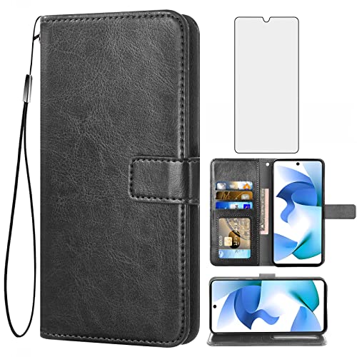 Asuwish Compatible with BLU F91 5G 2022 Wallet Case Tempered Glass Screen Protector and Leather Flip Card Holder Stand Cell Accessories Phone Cover for BLUE 91F 6.8 Women Men Black
