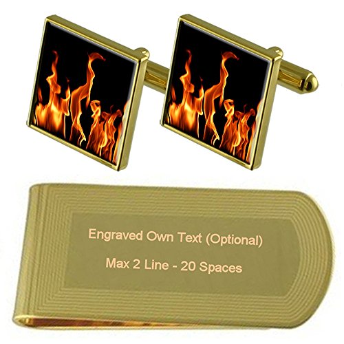 Set de regalo de gemelos de oro grabados con llamas de fuego y clip de dinero exclusivo