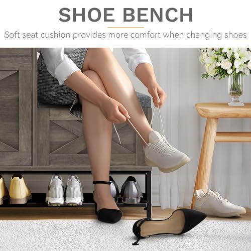 DWVO Farmhouse Shoe Storage Cabinet with 2 Flip Drawers for 16 Pairs, Entryway Shoe Storage with Shoe Bench, Narrow Slim Shoe Cabinet for Entryway, Living Room, Hallway (Washed Grey)