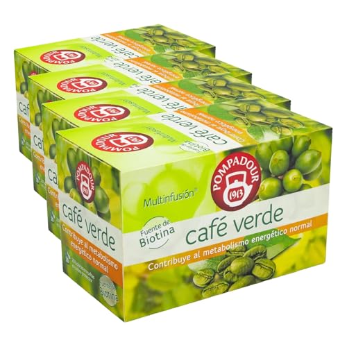 Pompadour | Café Verde | Multinfusión | Con Biotina | Ayuda Natural para el Metabolismo | 20 Bolsitas de 2,2 Gr (Paquete de 4)