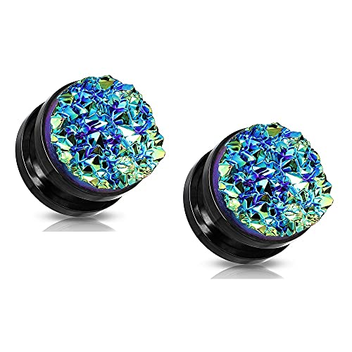 Pierced Owl Black IP Plated Stainless Steel Blue Druzy Stone Screw Fit Plug Gauges, Sold As Pair (6mm (2GA))