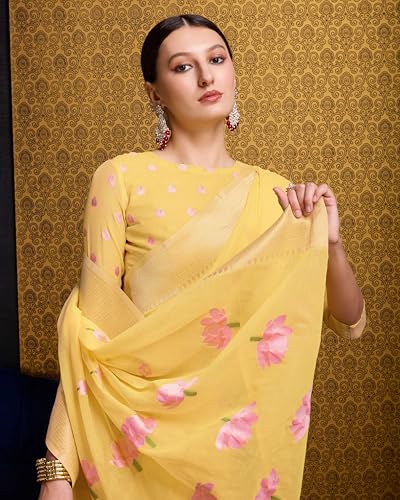 Image of SWORNOF Womens Linen Silk Saree | Saree for Women With Unstitched Blouse | Saree with Blouse Piece | Soft and Skin Friendly