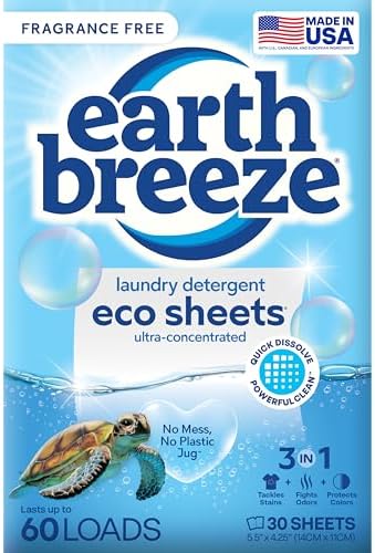Earth Breeze Laundry Detergent Sheets Fragrance-Free - 60 Loads Eco Liquidless Soap - Travel-Friendly for Hot & Cold Cycles, Tackles Tough Stains & Odors - Gentle on Sensitive Skin, 30 Ct