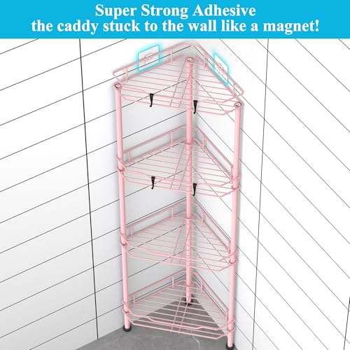 Image of HuggieGems Metal Floor Standing Corner Shower Caddy, Pink, 4 Tier | Adhesive Bathroom Organizer Shelves, Free Standing Shower Rack with Hooks, Hold Large Shampoo Bottles