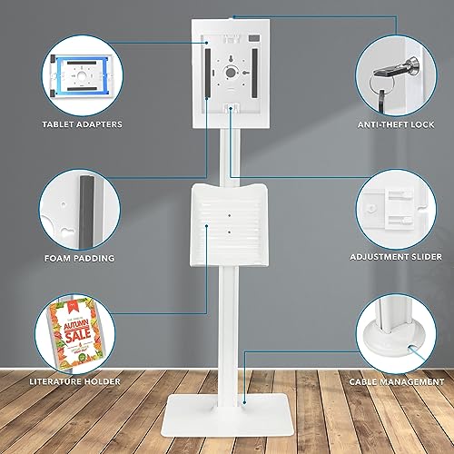 Image of Mount-It! Anti-Theft iPad Tablet Floor Stand Kiosk with Literature Holder, Lockable Enclosure for iPad Gen 7-11, Pro & Air (A16), 90 Rotation & 75 Tilt, Commercial Kiosk Stand, Bolt Down Base, White