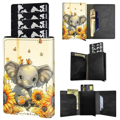 RFID Blocking Card Holder Wallet Billeteras de Hombres, Pop Up Minimalist Wallet for Men Women, Large Capacity Smart Wallet fit Money, ID Card, Driver's License, Elephant Butterfly