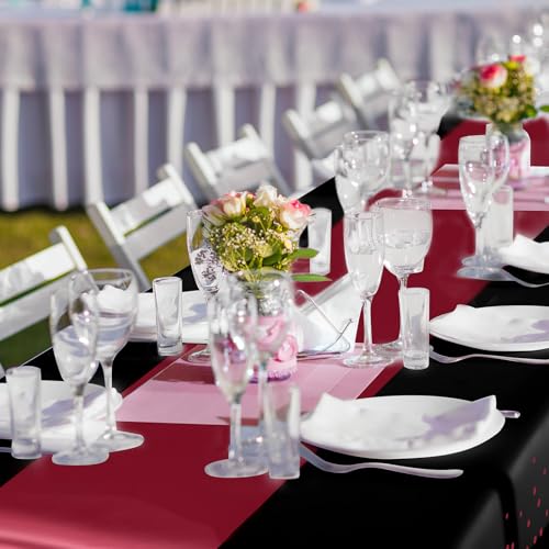 Image of Breling 8 Pack Black and Maroon Disposable Plastic Tablecloths and Satin Table Runner Set, 54 x 108 Inch Tablecloth, 12 x 108 Inch Table Runners for Wedding Graduation Birthday Baby Shower