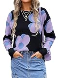 Angashion Women Long Sleeve Sweater - Fall Casual Crewneck Knit Tops Floral Print Cute Loose Pullover Jumper Black Small