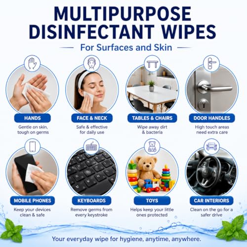 Image of PERISAFE Multipurpose Disinfectant Wipes For Surfaces & Skin | 10 Wipes (Pack of 24) | 100% Biodegradable | Antibacterial | 2-IN-1 | Kills Germs & Cleans Tough Messes | Fresh Mint