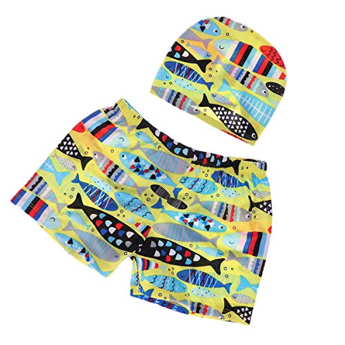 Conjunto de shorts de natação para meninos da Liobo com desenho animado e touca de natação, Amarelo,