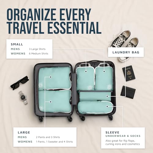 Image of Compression Packing Cubes for Travel - Luggage and Backpack Organizer Packaging Cubes for Clothes (Dusty Teal and White, 6Piece)