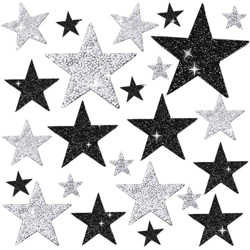 24 Pieces 4 Sizes Iron On Star Patches Adhesive Star Patches Star Shape Rhinestone Appliques Patch DIY Accessory for Clothing Jeans Bags Hats Repair Decoration (Black Silver)