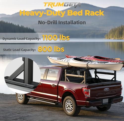 Image of TRUMGETA Adjustable Aluminum Truck Ladder Rack with Side Bar Fit for F150 Silverado Ram Sierra, Clamp-On No Drill Installation, Heavy Duty 1100 LBS Capacity, Truck Bed Rack for Ladders, Kayaks, Bikes
