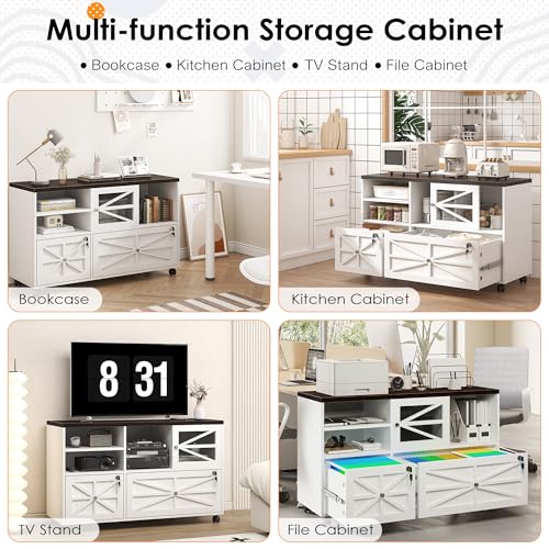 kepptory 2 Drawer File Cabinet with Lock, Rolling File Cabinet for Home Office Fits Files Letter/Legal/F4/A4, Filing Cabinet 2 Drawer with Adjustable Shelf & 2 Lockable Wheels (White + Brown)
