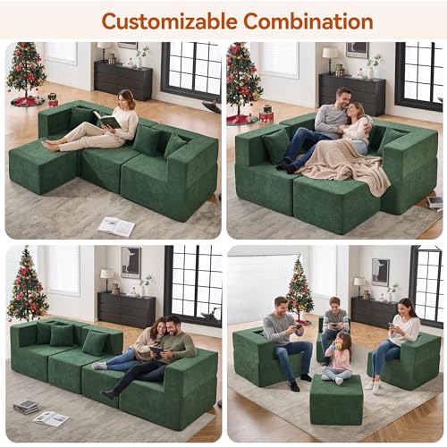 Image of MONVANE 103'' Modular Sectional Sofa, Comfy Teddy Velvet Cloud Couch with Ottoman, Modern Convertible L Shaped Couch with Deep Seat, Sectional Couches for Living Room, Bedroom and Apartment, Green
