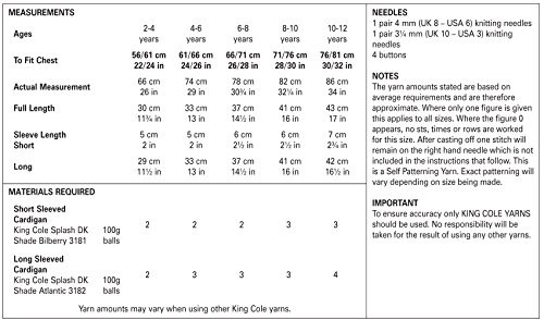 King Cole 5163 Knitting Pattern Girls Short and Long Sleeved Cardigans in Splash DK2