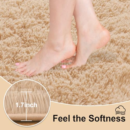 3x5 Rugs for Bedroom, Fluffy Area Rugs for Living Room, Soft Shag Kids Rug Small Carpet with 4 Non-Slip Rug Pads (Light Tan, 3ft x 5ft)