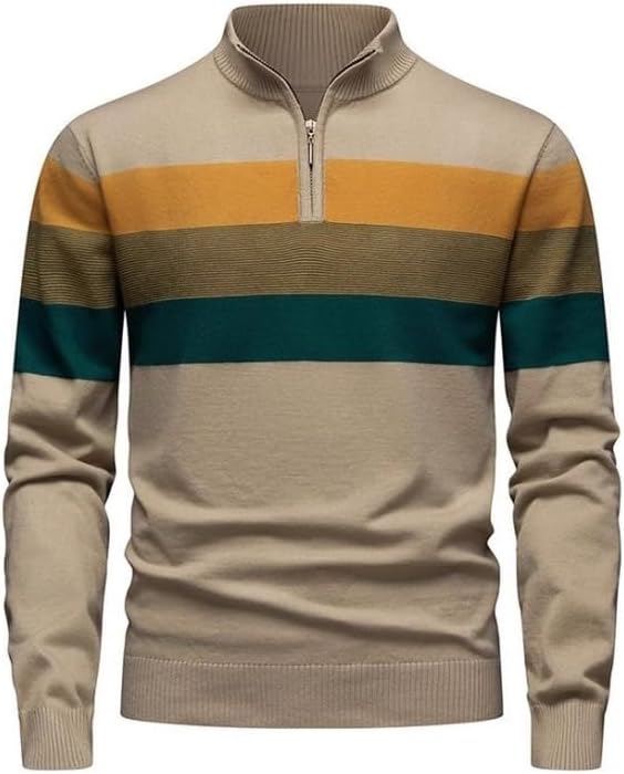 Winter Striped Sweaters Men's Half Zipper Stand Collar Pullover Knitted Sweater