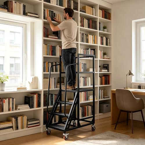 Image of 4-Step Rolling Warehouse Step Ladder, Lockable Wheels, Non-Slip Wide Steps, Dual Handrails, Movable Platform Ladder, Rolling Stairs for Warehouse, Supermarket, Library (Black, 4 Steps)