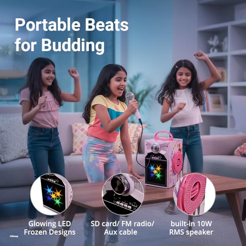 Image of Disney Frozen Kids Karaoke Bluetooth Speaker with Wired Microphone | 10W RMS Powerful Sound | RGB LED Party Lights | FM, USB, Micro SD & AUX | 4H Playtime | Perfect for Boys & Girls, Ages 5-16