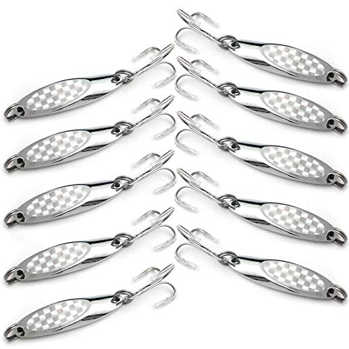 10pcs Fish WOW! 3/4oz Fishing Kast Spoon with a Treble Hook 0.75oz Fish Chrome Jig Bait Lures Holographic Laser Silver Tape Kast Master Style Champ Spoons