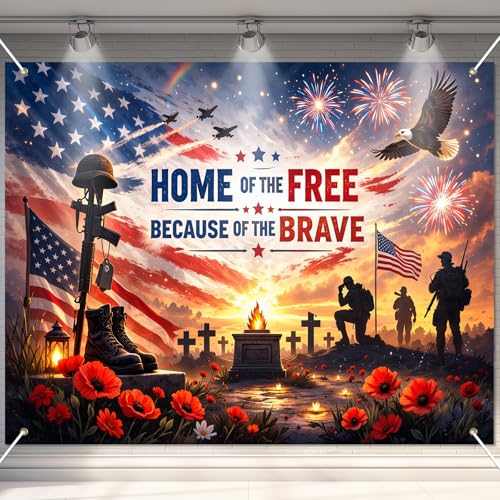 Image of BlissYard Veterans Memorial Backdrop Military Appreciation Banner Patriotic Soldier Tribute Decorations 8x6ft Home of the Free Because of the Brave Veterans Day Memorial Day Independence Day Decor