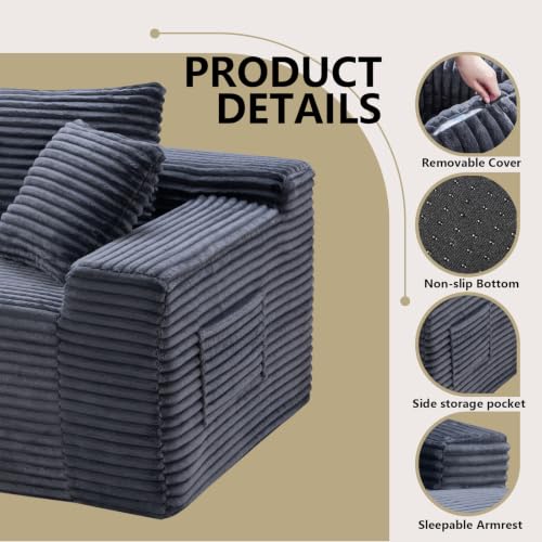 Image of 94.5 inch L Shaped Boneless Sectional Corduroy Couches for Living Room (Gray)