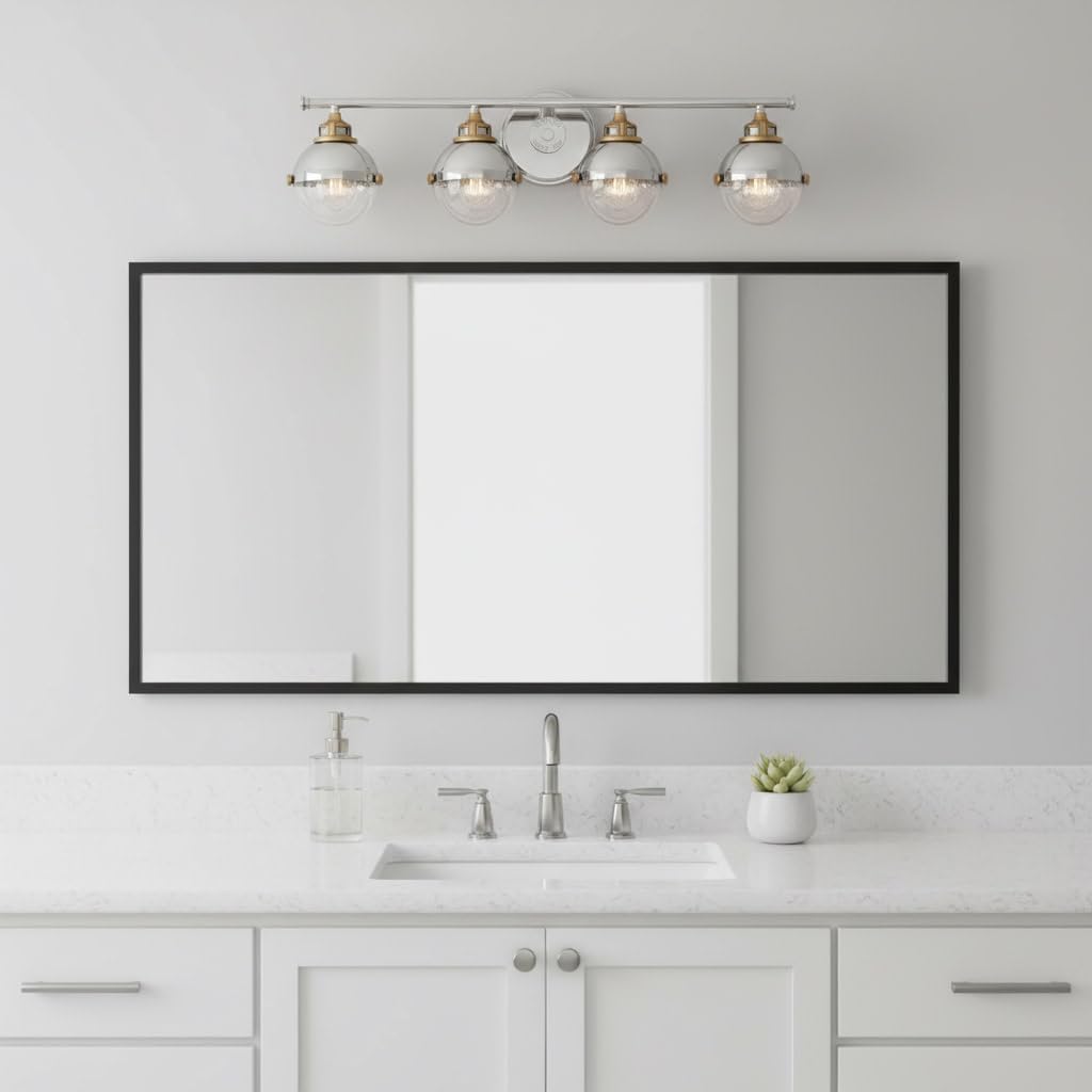 Hinkley Fletcher Four Light Bath Vanity Fixture, Dome Shade and Clear Seedy Glass, Polished Nickel and Heritage Brass Accents