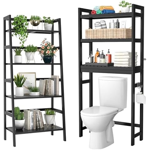 Homykic Bamboo Over The Toilet Storage and Ladder Shelf Bundle, Black Cover