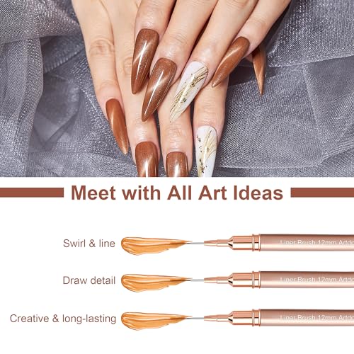 Image of Artdone Metallic Nail Art Pens, Liner Brushes Set, 5PCS Gold Nail Tools | For Long Lines, Thin Details, Fine Drawing, Liner Brush UV Gel Polish Painting Nail Design Sizes 5 /8 /12 /20 /25mm