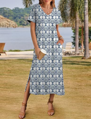 Image of Zeagoo Women Summer Floral Dress Short Sleeve Beach Dress with Pockets Casual V-Neck Split Long T-Shirt Dress Travel Vacation